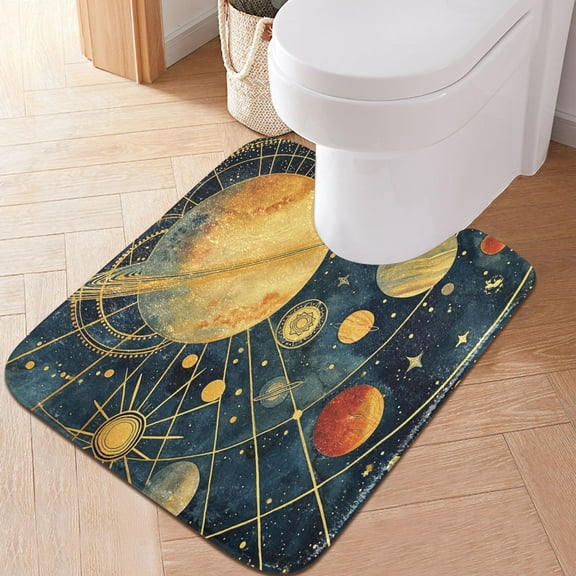Toilet Rug U-Shaped Bathroom Rugs Non-Slip Soft Plush Machine Washable Contour Bath Mat Stars Planet Sun 24x20