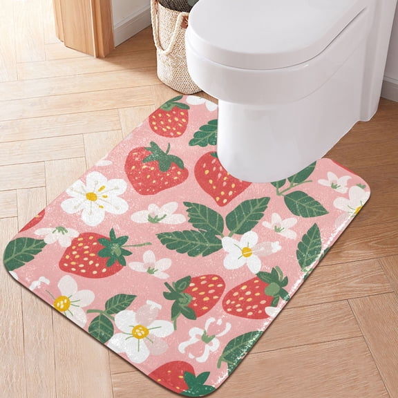 Toilet Rug U-Shaped Bathroom Rugs Non-Slip Soft Plush Machine Washable Contour Bath Mat Strawberries Flowers Leaves 24x20