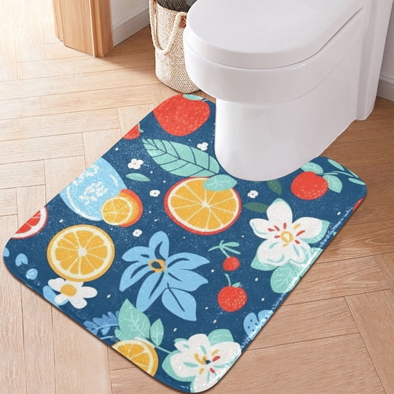 Toilet Rug U-Shaped Bathroom Rugs Non-Slip Soft Plush Machine Washable Contour Bath Mat Strawberry Orange Flower 24x20