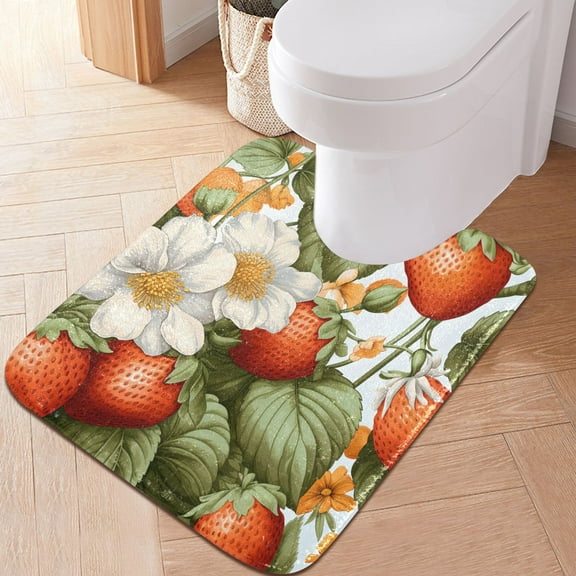 Toilet Rug U-Shaped Bathroom Rugs Non-Slip Soft Plush Machine Washable Contour Bath Mat Strawberry and Flower 24x20