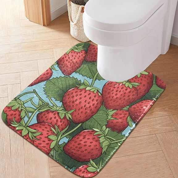 Toilet Rug U-Shaped Bathroom Rugs Non-Slip Soft Plush Machine Washable Contour Bath Mat Strawberry with Leaf 24x20