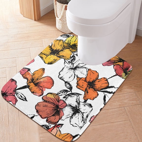 Toilet Rug U-Shaped Bathroom Rugs Non-Slip Soft Plush Machine Washable Contour Bath Mat Summer Floral Flower 24x20