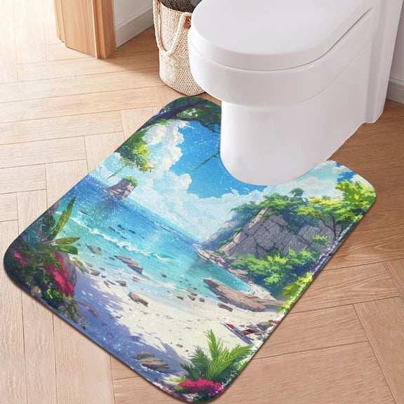 Toilet Rug U-Shaped Bathroom Rugs Non-Slip Soft Plush Machine Washable Contour Bath Mat Summer Seaside Landscape 24x20