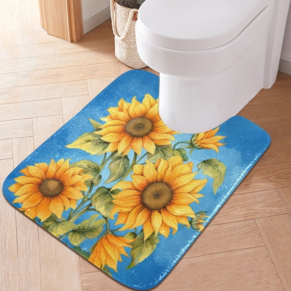 Toilet Rug U-Shaped Bathroom Rugs Non-Slip Soft Plush Machine Washable Contour Bath Mat Sunflowers Bouquet 24x20