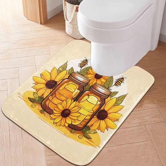 Toilet Rug U-Shaped Bathroom Rugs Non-Slip Soft Plush Machine Washable Contour Bath Mat Sunflowers Honey Jars Bee 24x20
