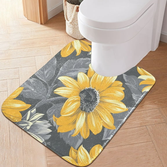 Toilet Rug U-Shaped Bathroom Rugs Non-Slip Soft Plush Machine Washable Contour Bath Mat Sunflowers with Leaves 24x20