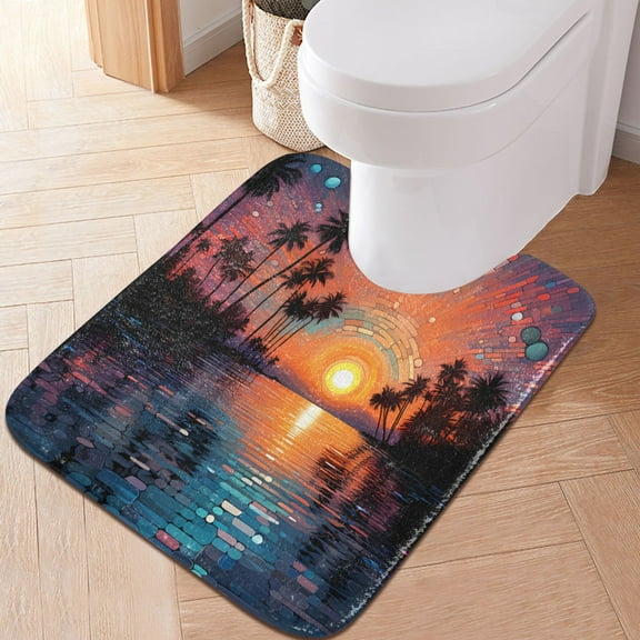 Toilet Rug U-Shaped Bathroom Rugs Non-Slip Soft Plush Machine Washable Contour Bath Mat Sunset and Sea 24x20