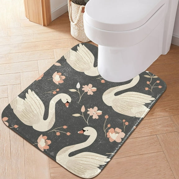 Toilet Rug U-Shaped Bathroom Rugs Non-Slip Soft Plush Machine Washable Contour Bath Mat Swan and Flowers 24x20