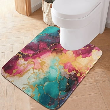 Toilet Rug U-Shaped Bathroom Rugs Non-Slip Soft Plush Machine Washable Contour Bath Mat Teal Magenta Marble 24x20