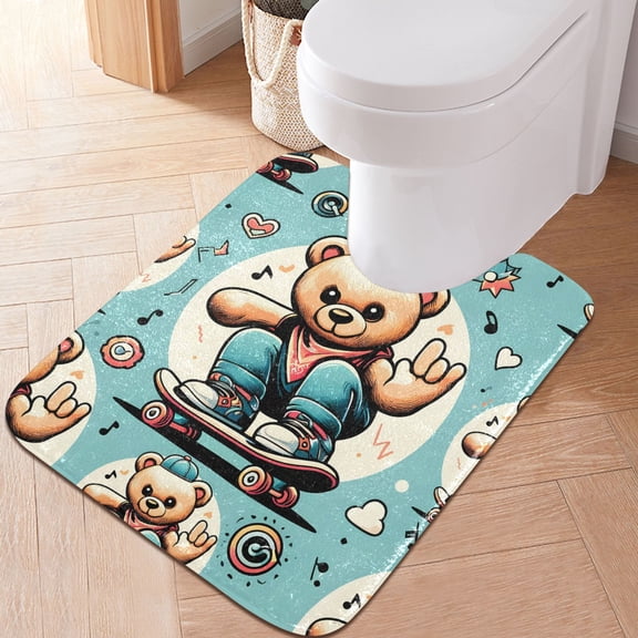 Toilet Rug U-Shaped Bathroom Rugs Non-Slip Soft Plush Machine Washable Contour Bath Mat Teddy Bear Skating 24x20