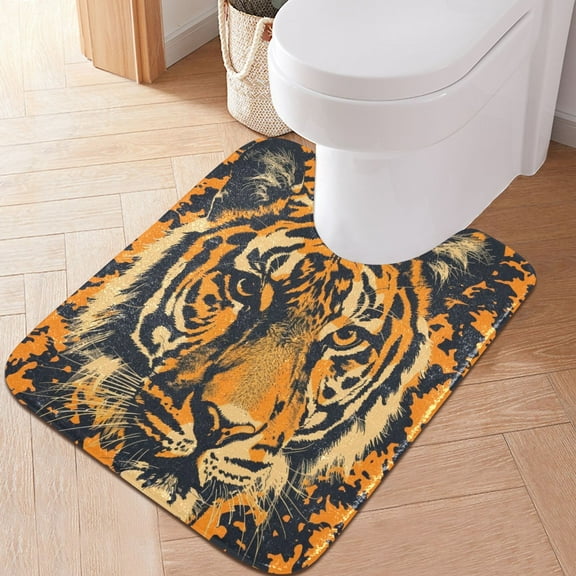 Toilet Rug U-Shaped Bathroom Rugs Non-Slip Soft Plush Machine Washable Contour Bath Mat Tiger Head 24x20