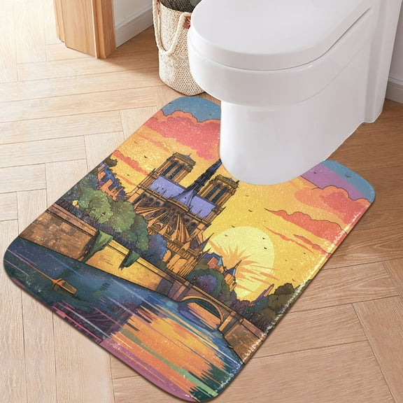 Toilet Rug U-Shaped Bathroom Rugs Non-Slip Soft Plush Machine Washable Contour Bath Mat Tower River Sunset 24x20