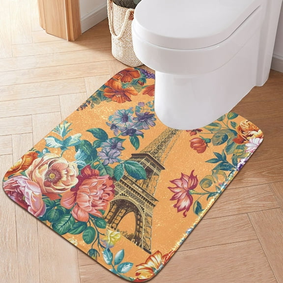 Toilet Rug U-Shaped Bathroom Rugs Non-Slip Soft Plush Machine Washable Contour Bath Mat Tower and Flowers 24x20
