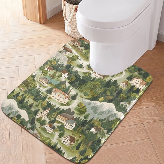 Toilet Rug U-Shaped Bathroom Rugs Non-Slip Soft Plush Machine Washable Contour Bath Mat Town Mountains Forests 24x20