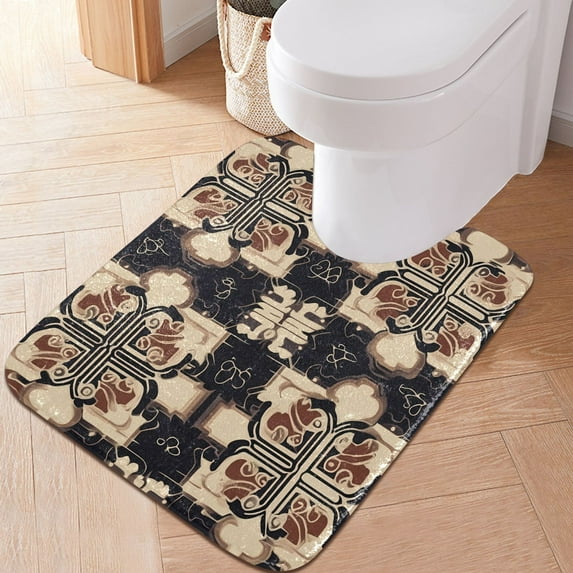 Toilet Rug U-Shaped Bathroom Rugs Non-Slip Soft Plush Machine Washable Contour Bath Mat Traditional Chinese Geometric Patterns 24x20