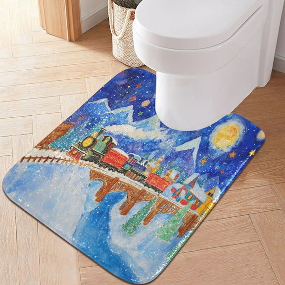Toilet Rug U-Shaped Bathroom Rugs Non-Slip Soft Plush Machine Washable Contour Bath Mat Train in Winter 24x20