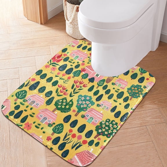 Toilet Rug U-Shaped Bathroom Rugs Non-Slip Soft Plush Machine Washable Contour Bath Mat Tree and House 24x20