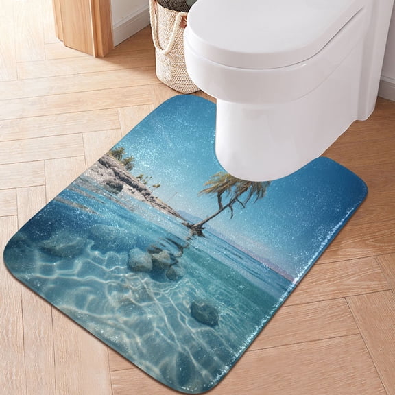 Toilet Rug U-Shaped Bathroom Rugs Non-Slip Soft Plush Machine Washable Contour Bath Mat Tree on Sea 24x20