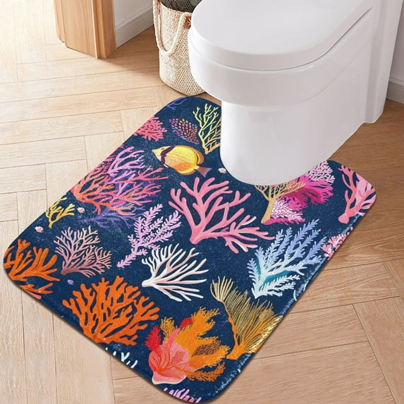 Toilet Rug U-Shaped Bathroom Rugs Non-Slip Soft Plush Machine Washable Contour Bath Mat Tropical Coral and Fish 24x20