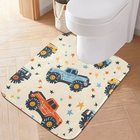 Toilet Rug U-Shaped Bathroom Rugs Non-Slip Soft Plush Machine Washable Contour Bath Mat Truck and Star 24x20