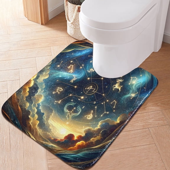 Toilet Rug U-Shaped Bathroom Rugs Non-Slip Soft Plush Machine Washable Contour Bath Mat Twelve Zodiac Stars in Night Sky 24x20