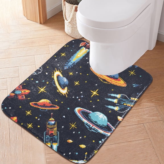 Toilet Rug U-Shaped Bathroom Rugs Non-Slip Soft Plush Machine Washable Contour Bath Mat Ufo Spaceships Star 24x20