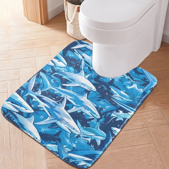 Toilet Rug U-Shaped Bathroom Rugs Non-Slip Soft Plush Machine Washable Contour Bath Mat Underwater Sharks 24x20