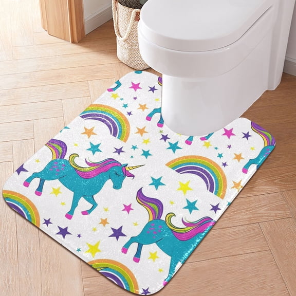 Toilet Rug U-Shaped Bathroom Rugs Non-Slip Soft Plush Machine Washable Contour Bath Mat Unicorn Rainbow Stars 24x20
