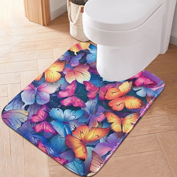 Toilet Rug U-Shaped Bathroom Rugs Non-Slip Soft Plush Machine Washable Contour Bath Mat Vibrant Butterflies 24x20