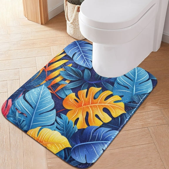 Toilet Rug U-Shaped Bathroom Rugs Non-Slip Soft Plush Machine Washable Contour Bath Mat Vibrant Leave 24x20