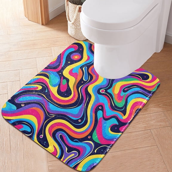 Toilet Rug U-Shaped Bathroom Rugs Non-Slip Soft Plush Machine Washable Contour Bath Mat Vibrant Wavy Lines 24x20