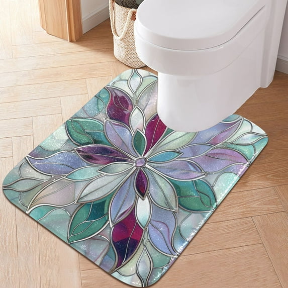 Toilet Rug U-Shaped Bathroom Rugs Non-Slip Soft Plush Machine Washable Contour Bath Mat Violet Red Floral Stained Glass 24x20