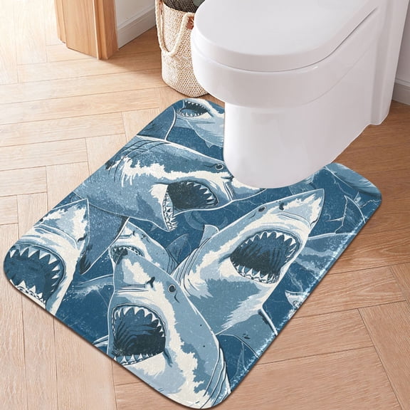 Toilet Rug U-Shaped Bathroom Rugs Non-Slip Soft Plush Machine Washable Contour Bath Mat Vivid Fierce Sharks 24x20