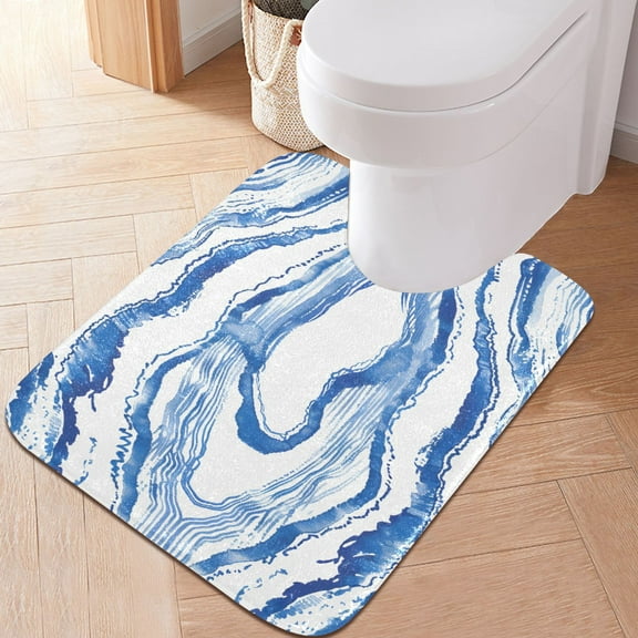 Toilet Rug U-Shaped Bathroom Rugs Non-Slip Soft Plush Machine Washable Contour Bath Mat Watercolor Blue Stripes 24x20