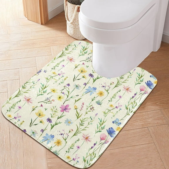 Toilet Rug U-Shaped Bathroom Rugs Non-Slip Soft Plush Machine Washable Contour Bath Mat Watercolor Wildflower 24x20
