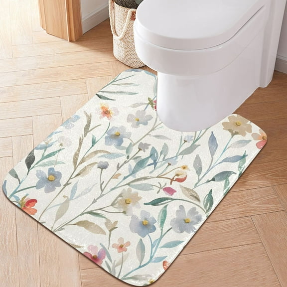 Toilet Rug U-Shaped Bathroom Rugs Non-Slip Soft Plush Machine Washable Contour Bath Mat Watercolor Wildflowers 24x20