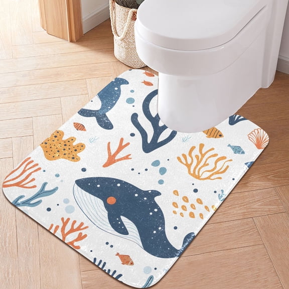Toilet Rug U-Shaped Bathroom Rugs Non-Slip Soft Plush Machine Washable Contour Bath Mat Whales and Coral 24x20
