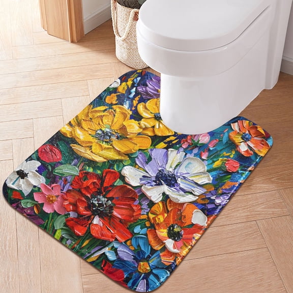 Toilet Rug U-Shaped Bathroom Rugs Non-Slip Soft Plush Machine Washable Contour Bath Mat Whimsical Flowers 24x20