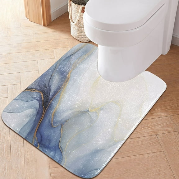 Toilet Rug U-Shaped Bathroom Rugs Non-Slip Soft Plush Machine Washable Contour Bath Mat White Blue Gold Marble 24x20