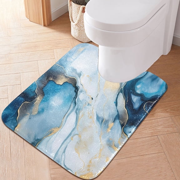 Toilet Rug U-Shaped Bathroom Rugs Non-Slip Soft Plush Machine Washable Contour Bath Mat White Blue Marble 24x20