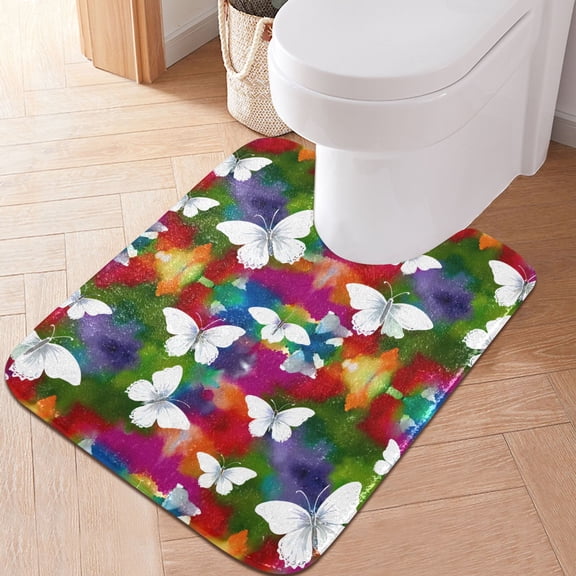 Toilet Rug U-Shaped Bathroom Rugs Non-Slip Soft Plush Machine Washable Contour Bath Mat White Elegant Butterflies 24x20