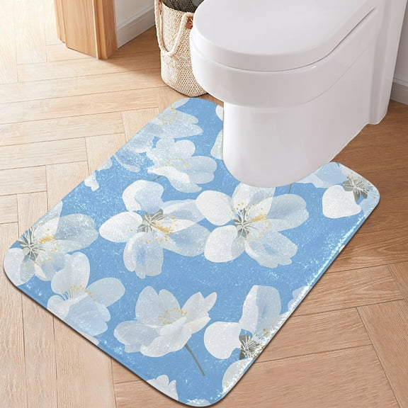 Toilet Rug U-Shaped Bathroom Rugs Non-Slip Soft Plush Machine Washable Contour Bath Mat White Flowers 24x20