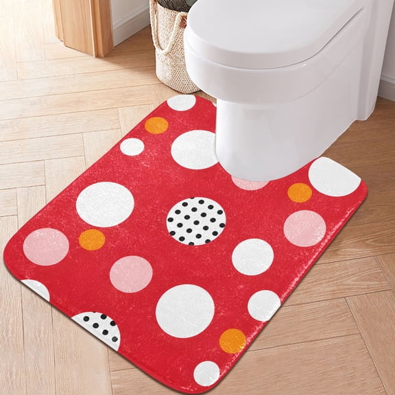 Toilet Rug U-Shaped Bathroom Rugs Non-Slip Soft Plush Machine Washable Contour Bath Mat White Polka Dots on Red 24x20