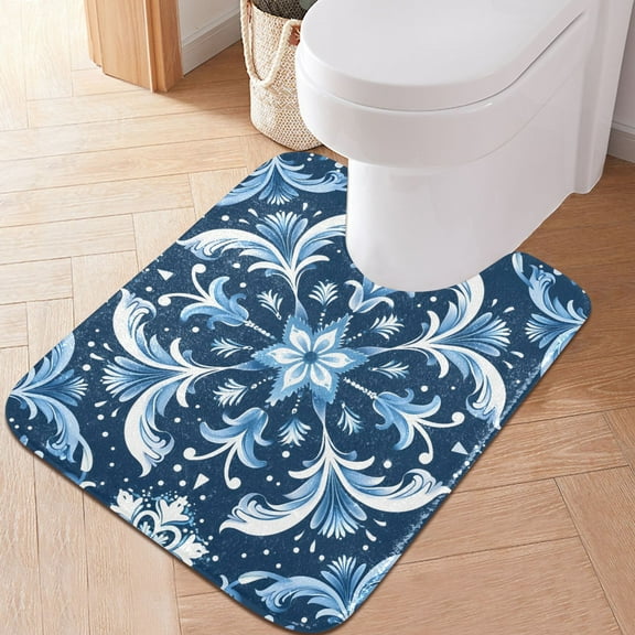 Toilet Rug U-Shaped Bathroom Rugs Non-Slip Soft Plush Machine Washable Contour Bath Mat Winter Frost Ornament 24x20