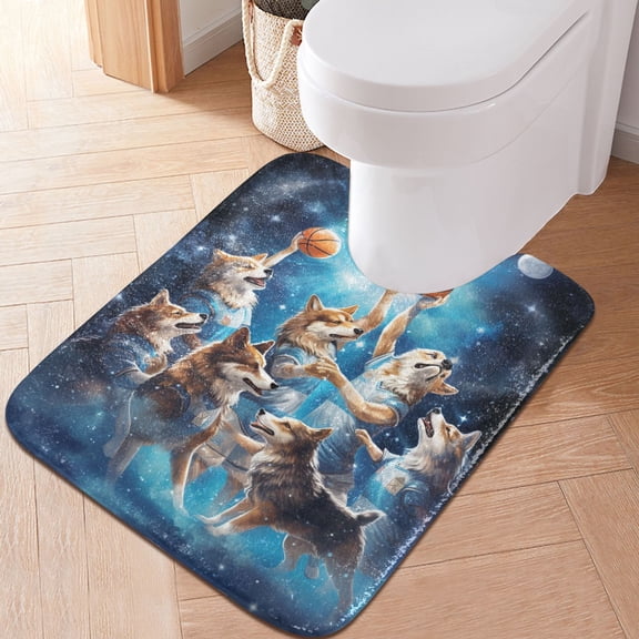 Toilet Rug U-Shaped Bathroom Rugs Non-Slip Soft Plush Machine Washable Contour Bath Mat Wolfs Playing Basketball 24x20