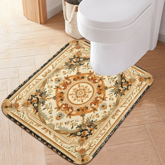 Toilet Rug U-Shaped Bathroom Rugs Non-Slip Soft Plush Machine Washable Contour Bath Mat Yellow Mandala 24x20