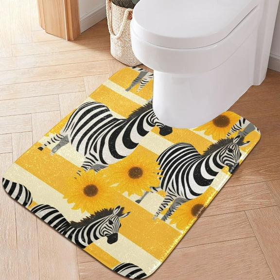 Toilet Rug U-Shaped Bathroom Rugs Non-Slip Soft Plush Machine Washable Contour Bath Mat Zebra and Sunflower 24x20
