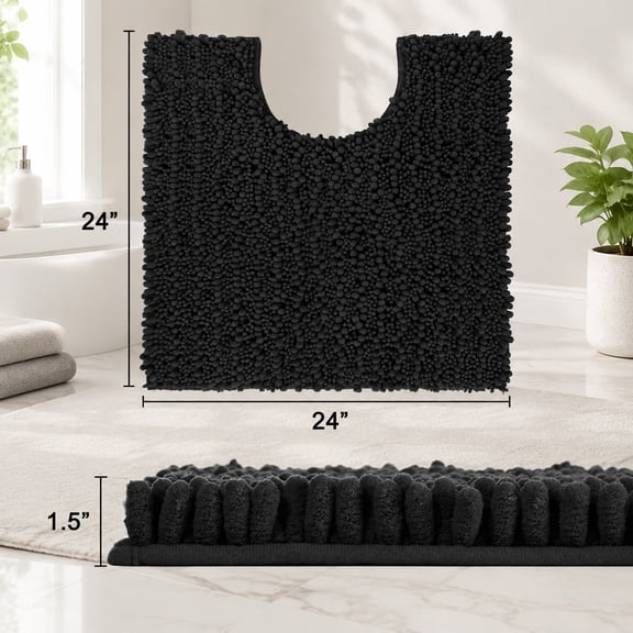 Toilet Rug U Shaped Washable 24x24 Inch - Ultra Soft Absorbent Chenille Bath Mat for Toilet, Quick Dry, Machine Washable, Non Slip Contour Bathroom Rug, Black