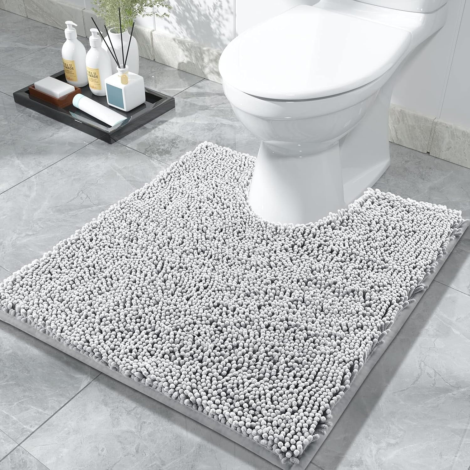 Toilet Rugs U-Shaped 24x24, Extra Soft and Absorbent Microfiber Bathroom Rugs, Non-Slip Plush Shaggy Toilet Bath Mat, Machine Wash Dry, Contour Bath Rugs for Toilet Base, Silver