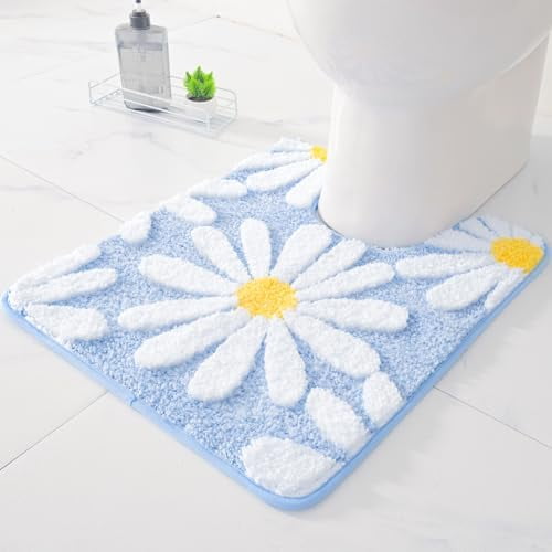 Toilet Rugs U Shaped, Blue Toilet Mat Cute Daisy Contour Bath Rug 20"x24", Extra Thick Soft Machine Washable Toilet Carpet, Non Slip Bathroom Floor Mats Super Absorbent Microfiber Bath Rugs